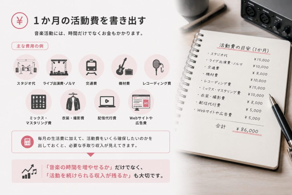1か月の活動費を書き出す