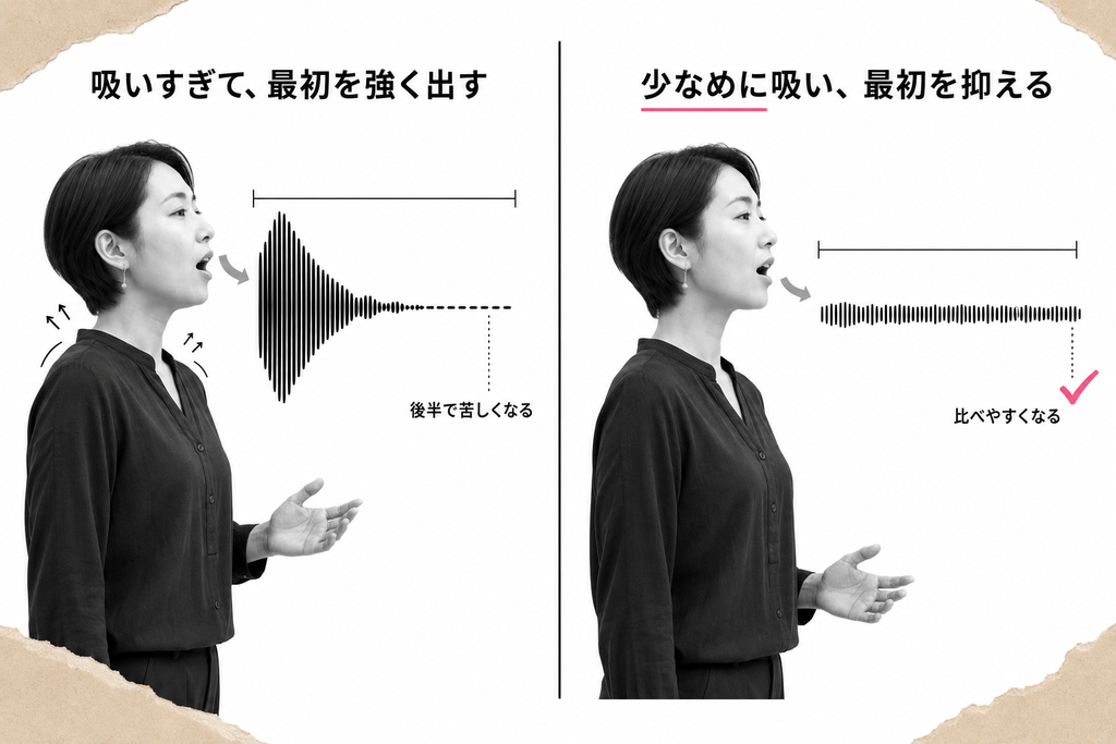 緊張で、速く吸う・吸いすぎるパターンになっている
