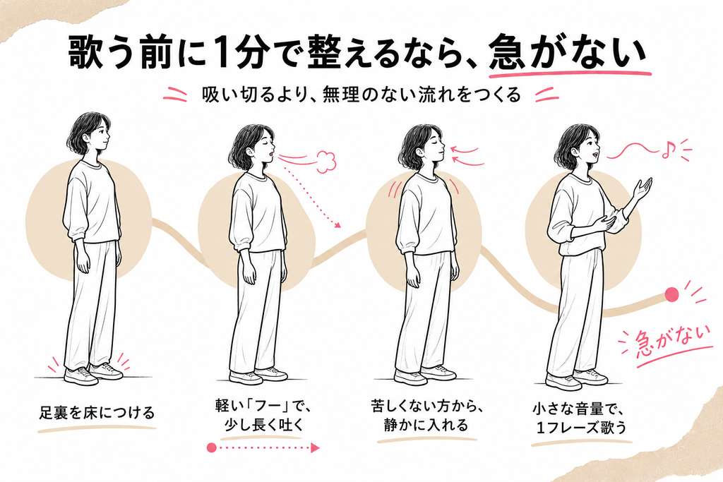 足裏が床につく位置に座るか、立ったまま重心を両足に置く

口をすぼめすぎない軽い「フー」で、吸っているときより少し長く吐く

次の息は、鼻・口のどちらでも苦しくない方から静かに入れる

そのまま話し声に近い小さな音量で、一番気になる1フレーズだけ歌う