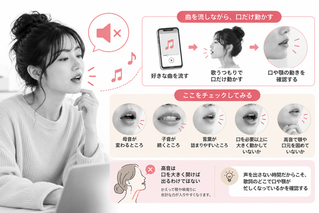 歌詞を声に出さず、口の動きだけ確認する